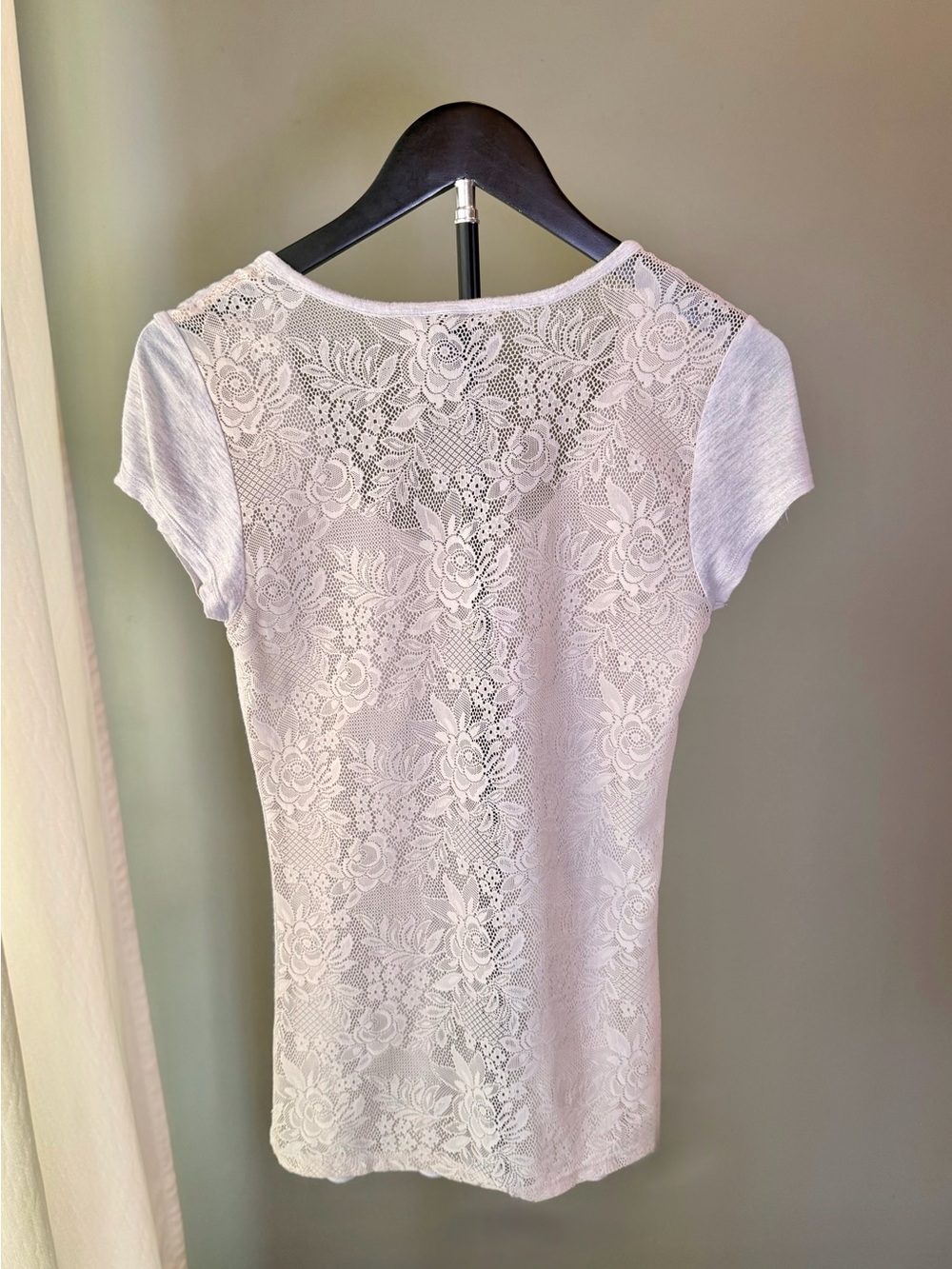 Vintage Y2K rue21 Floral Lace Back Knit Stretch T-Shirt M Coquette Sheer Fairy
